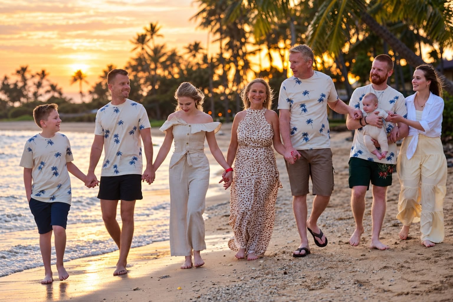 Tres generaciones de una familia caminando de la mano en la playa